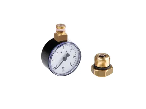 Manometer von TECE mit sichtbarem Ziffernblatt und montierten Ventilanschluss, zur Druckmessung in Heizungs- oder Wassersystemen geeignet.